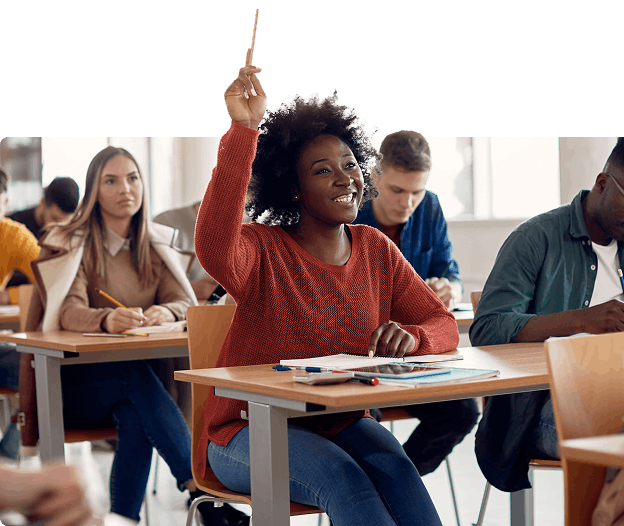 Student raising her hand in Alvin ISD Classroom
